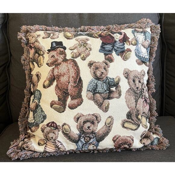 Vintage Dakotah Teddy Bear Tapestry Throw Pillow Set Cross Stitch Needlepoint - Picture 1 of 7